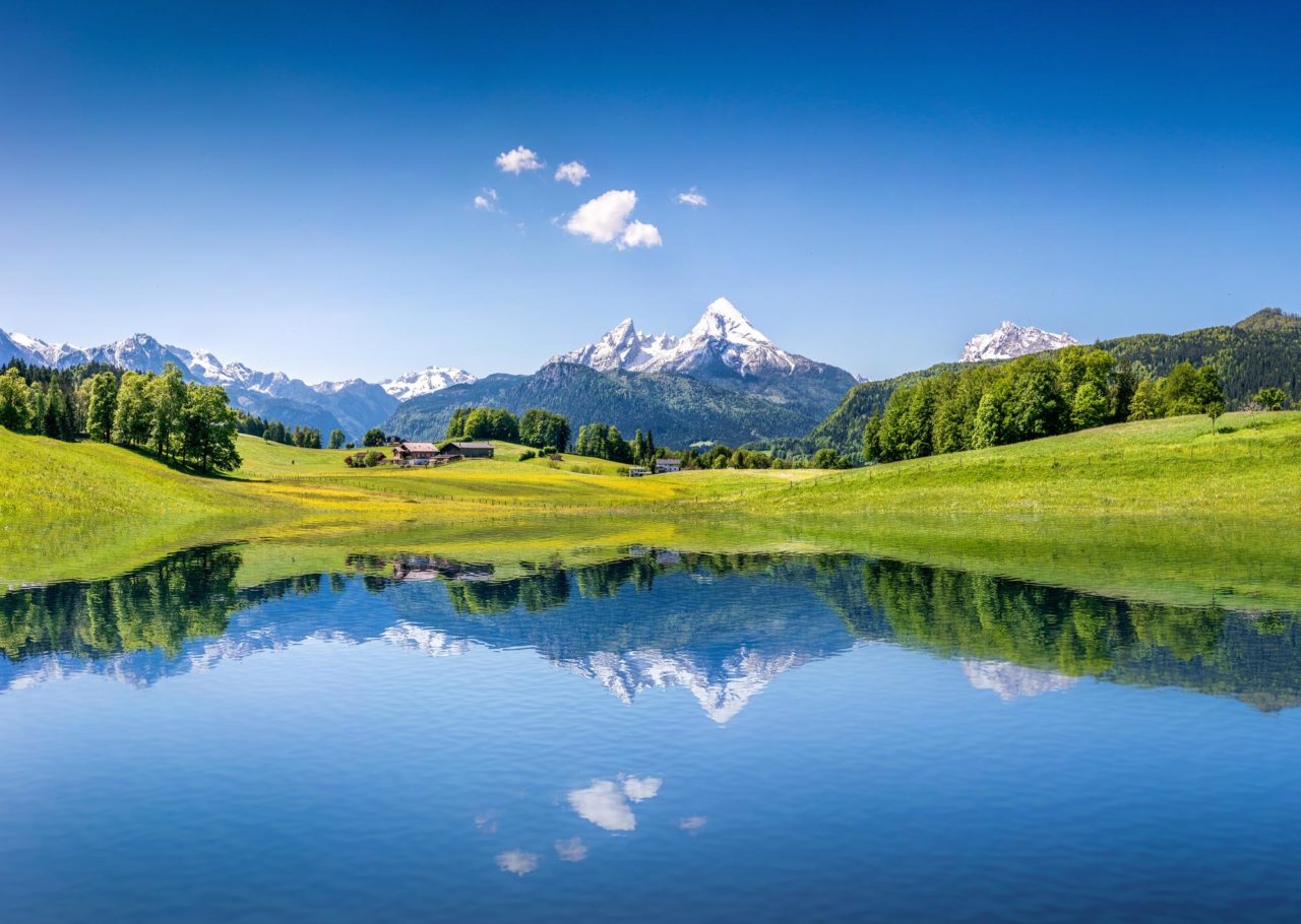 Idyllic Summer Landscape With Mountain Lake And Alps