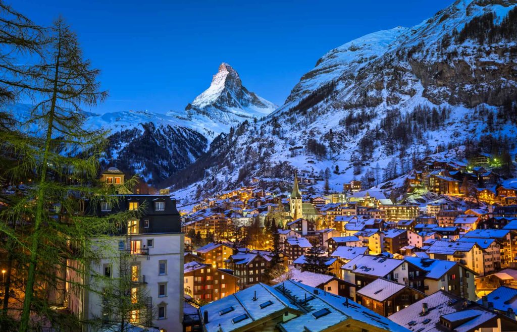 Aerial View On Zermatt Valley And Matterhorn Peak At Dawn, Switz Aerial View On Zermatt Valley And Matterhorn Peak At Dawn, Switz