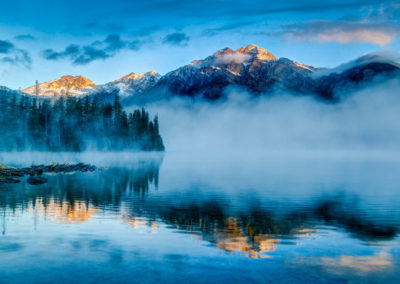 Foggy Sunrise At Pyramid Lake In Jasper, Alberta, Canada
