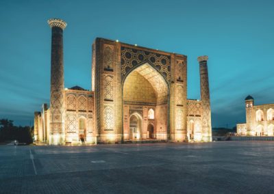 View To Registan Square At Night In Samarkand Uzbekistan