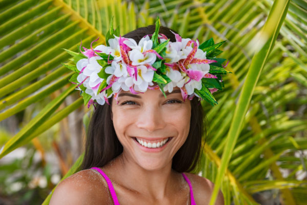 Tahiti Flower Crown Hei Po'o Smiling Woman Wearing Tahitian Head
