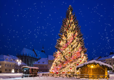 Christmas Scene With Decorated Tree In Downtown Of Brasov City O