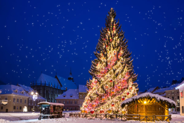 Christmas Scene With Decorated Tree In Downtown Of Brasov City O