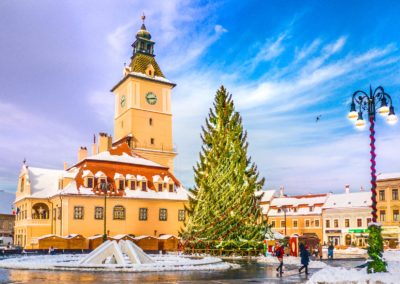 Christmas Market And Decorations Tree In Brasov City, Transylvan