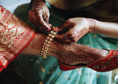 Woman Puts Bracelet On Hindu Bride's Leg