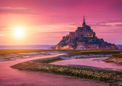 Panoramic View Of Famous Le Mont Saint Michel Tidal Island At Su