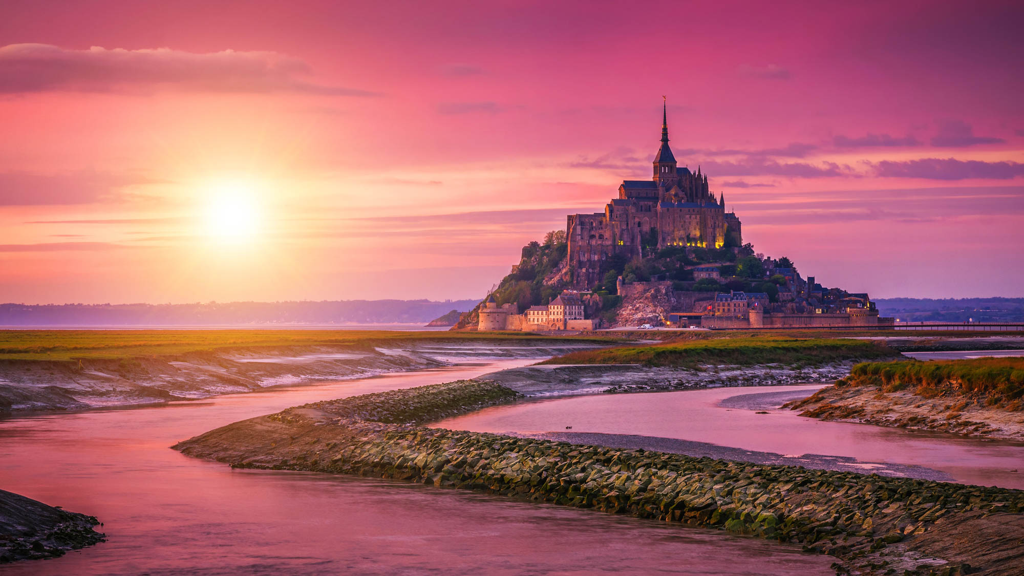 Panoramic View Of Famous Le Mont Saint Michel Tidal Island At Su