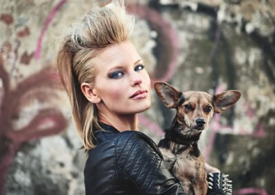 Dog, Portrait And Punk Woman In Fashion By Graffiti Wall And Bonding Love With Chihuahua In City. London, Designer And Face For Leather Clothes In Town, Unique And Care For Pet Animal By Street Art