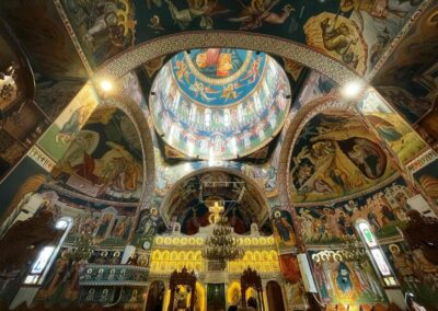 Perspective Looking Up To The Detailed Underside Of The Dome In An Orthodox Church With Beautiful Iconographic Paintings On The Dome And Altar In Titan, Bucharest, Romania.