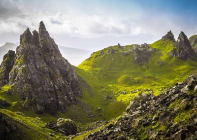The Ancient Rocks Of Old Man Of Storr On A Cloudy Day Isle Of