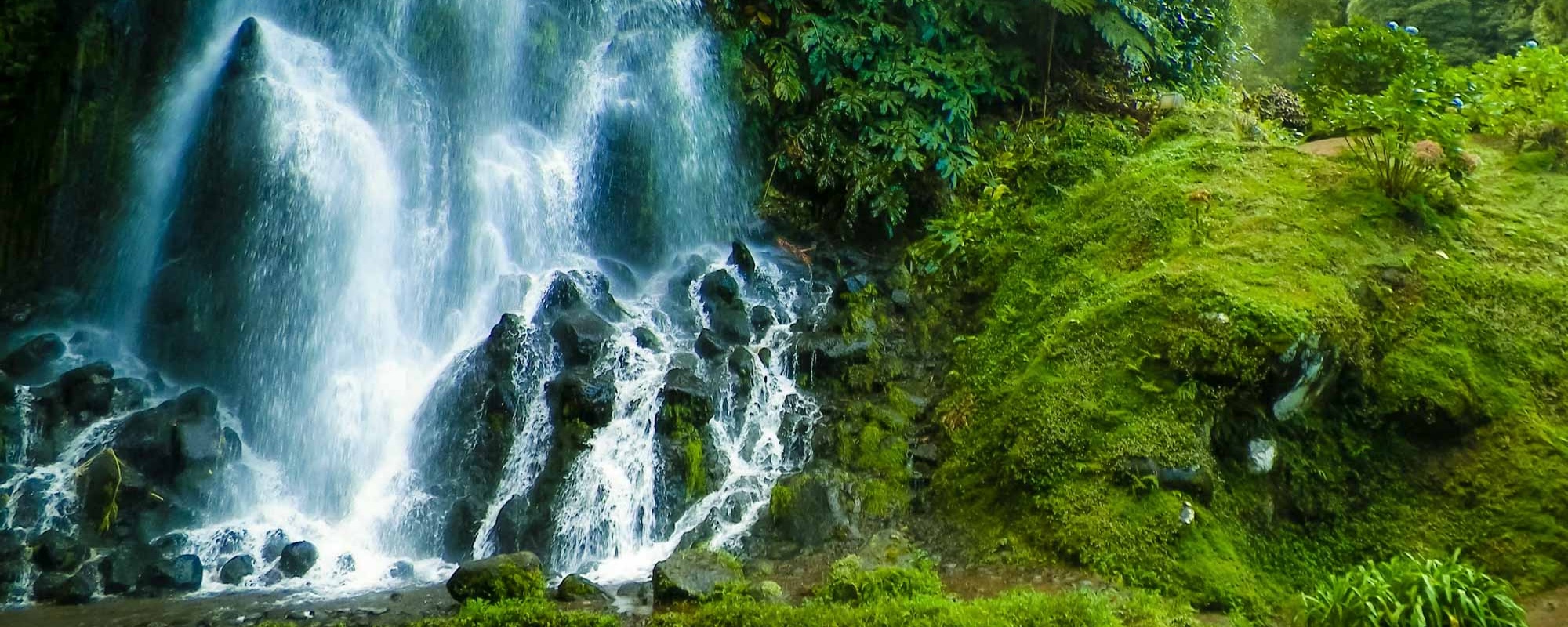 Waterfall At Botanical Garden Of Ribeira Do Guilherme, S?o Miguel Island, Azores Archipelago