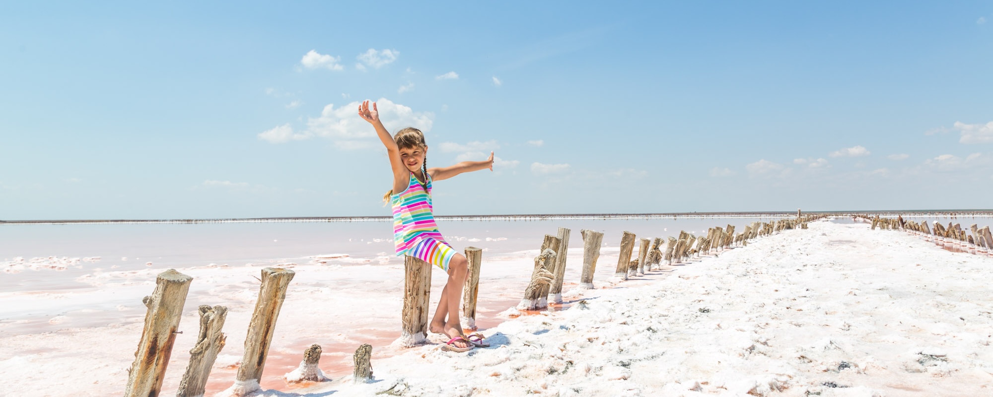 Little Girl On The Background Of Salt Lakes Of The Dead Sea And Pink Rose, Raised Her Hands Up