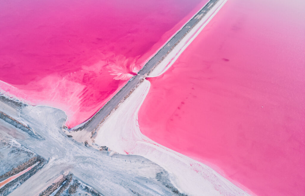 Aerial View Of Pink Salt Lake. Salt Production Plants Evaporated
