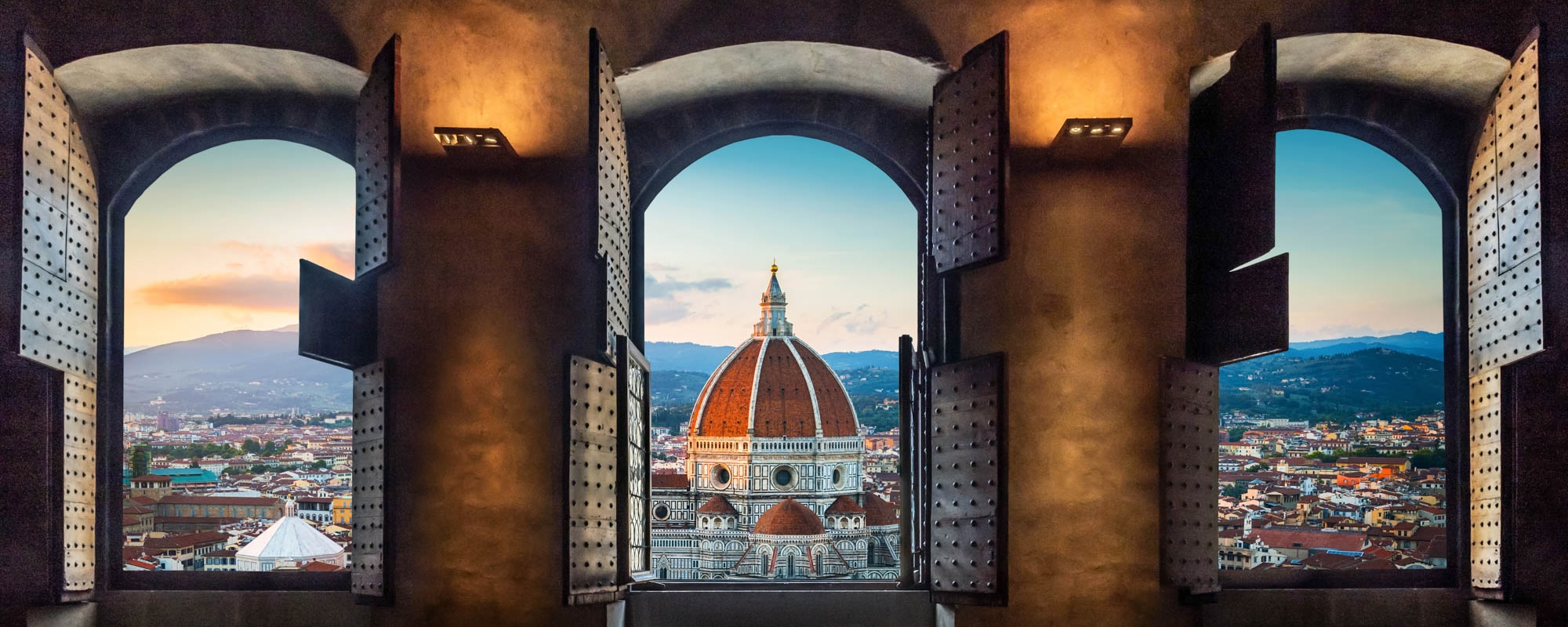 View From The Old Window On Florence Duomo Basilica Di Santa Maria Del Fiore. Florence, Italy. Collage Of The Historical Theme And The Theme Of Travel.