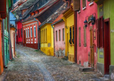 Cityscape Of Colorful Street In Old Town Sighisoara, Romania
