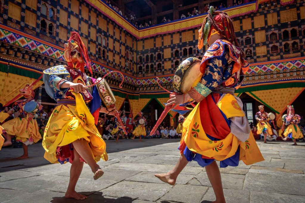 Bhutan Monk Dancing For Colorful Mask Dance At Yearly Paro Tsech