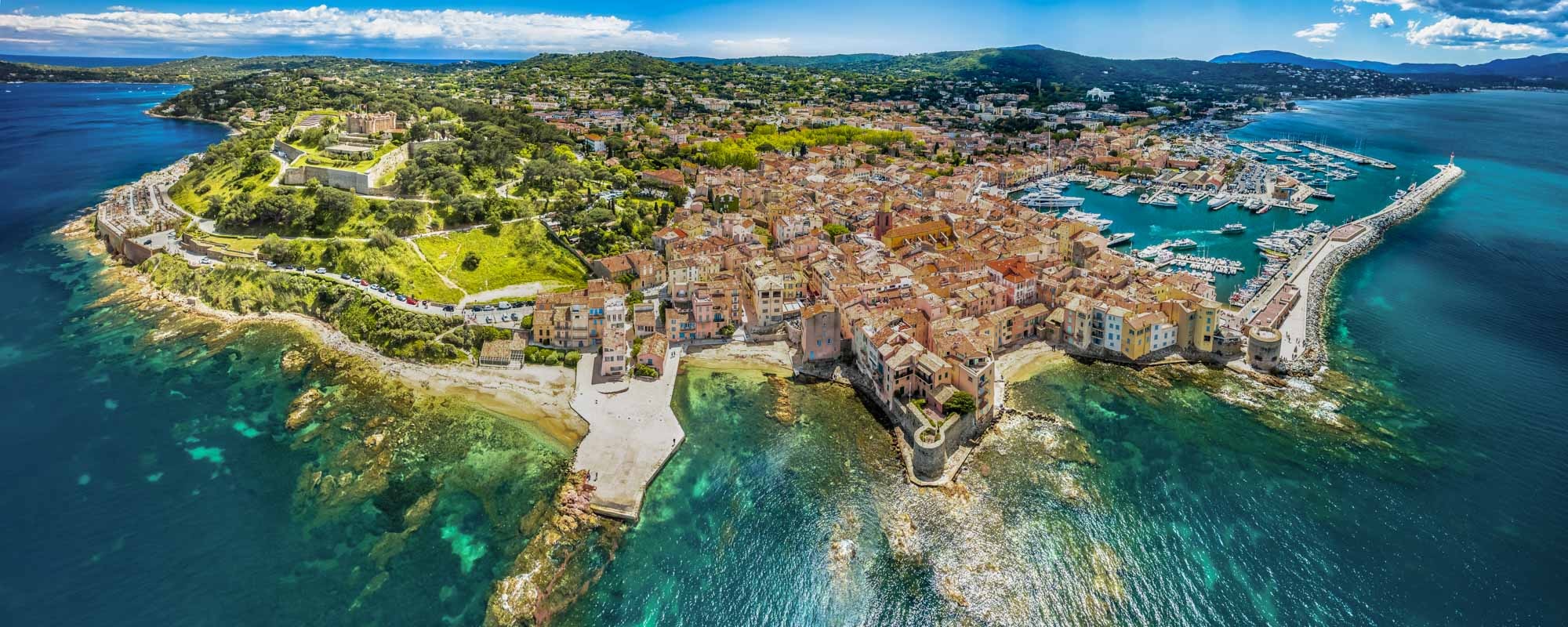 Saint Tropez Village Fortress And Landscape Aerial Panoramic View, Famous Tourist Destination On Cote D Azur
