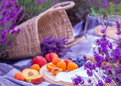 A Young Woman Pours Wine Into A Glass On A Lavender Field.Nature
