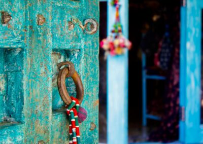Close Up Blue Door, Bhutan Style Door Entrance.