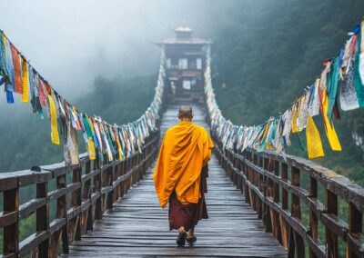 Monk Walking On A Bridge In Bhutan With Prayer Flags
