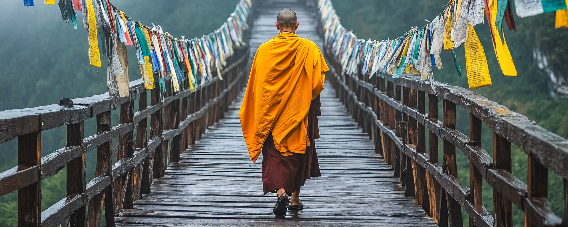 Monk Walking On A Bridge In Bhutan With Prayer Flags