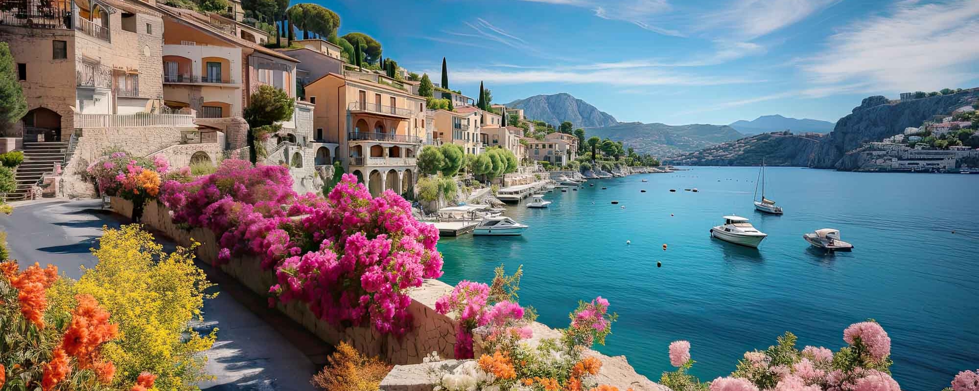 Seafront Landscape With Azalea Flowers. French Reviera, View Of Stunning Picturesque Coastal Town