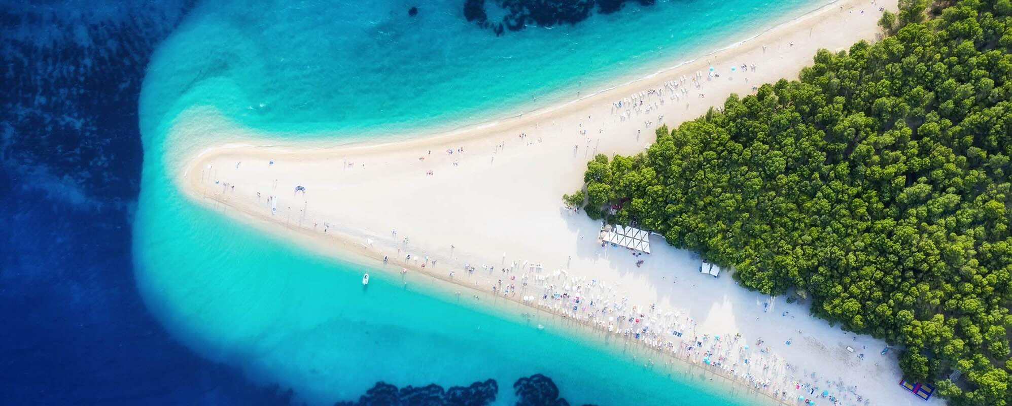 Croatia, Hvar Island, Bol. Panoramic Aerial View At The Zlatni Rat. Beach And Sea From Air. Famous Place In Croatia. Summer Seascape From Drone. Travel Image