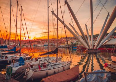 Panoramic View Of Old Port Of Genoa At Sunset, Liguria, Italy