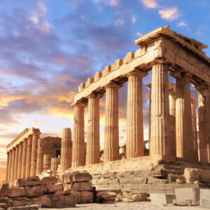 Parthenon On The Acropolis In Athens, Greece On A Sunset