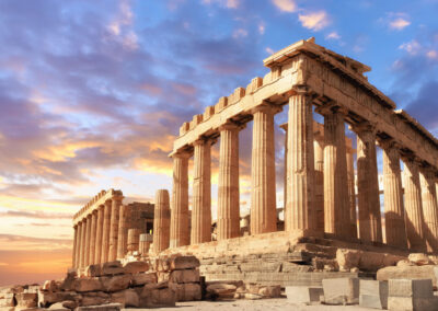 Parthenon On The Acropolis In Athens, Greece On A Sunset