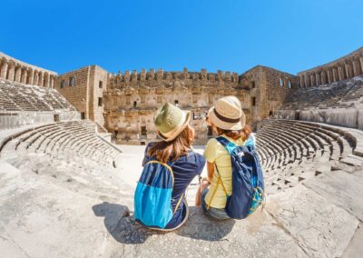 Two Young Girls Student Traveler Taking Selfie The Ancient Greek