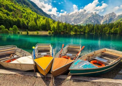 Admirable Alpine Landscape With Colorful Boats, Lake Fusine, Ita
