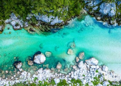 Beautiful Soca River In Slovenia Europe. Aerial Shot Of The Vall