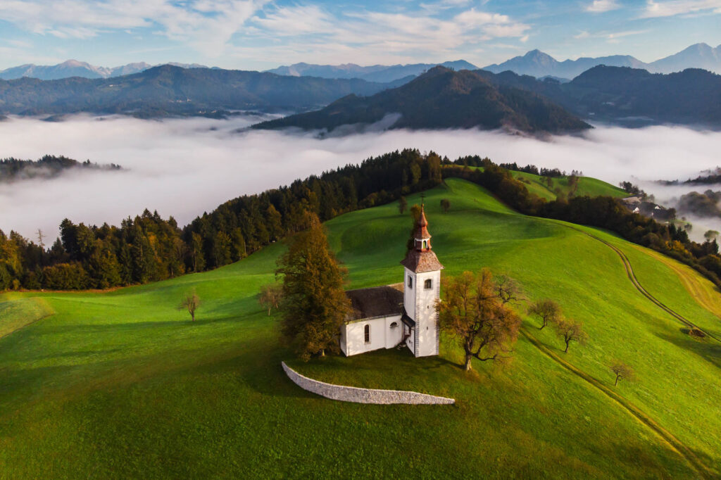 Autumn Landscape Of A Beautiful Church On The Top Of A Hill, In Autumn Landscape Of A Beautiful Church On The Top Of A Hill, In