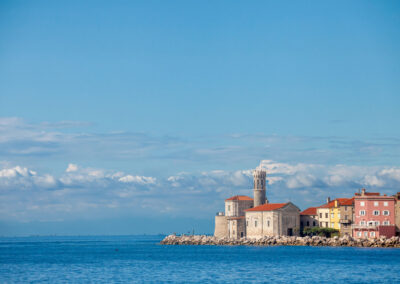 Panorama Of Piran, Slovenia, With Adriatic Sea In Front, With B