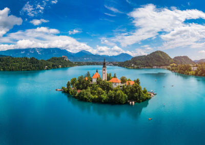Lake Bled In Slovenia. Beautiful Mountains And Bled Lake With Sm
